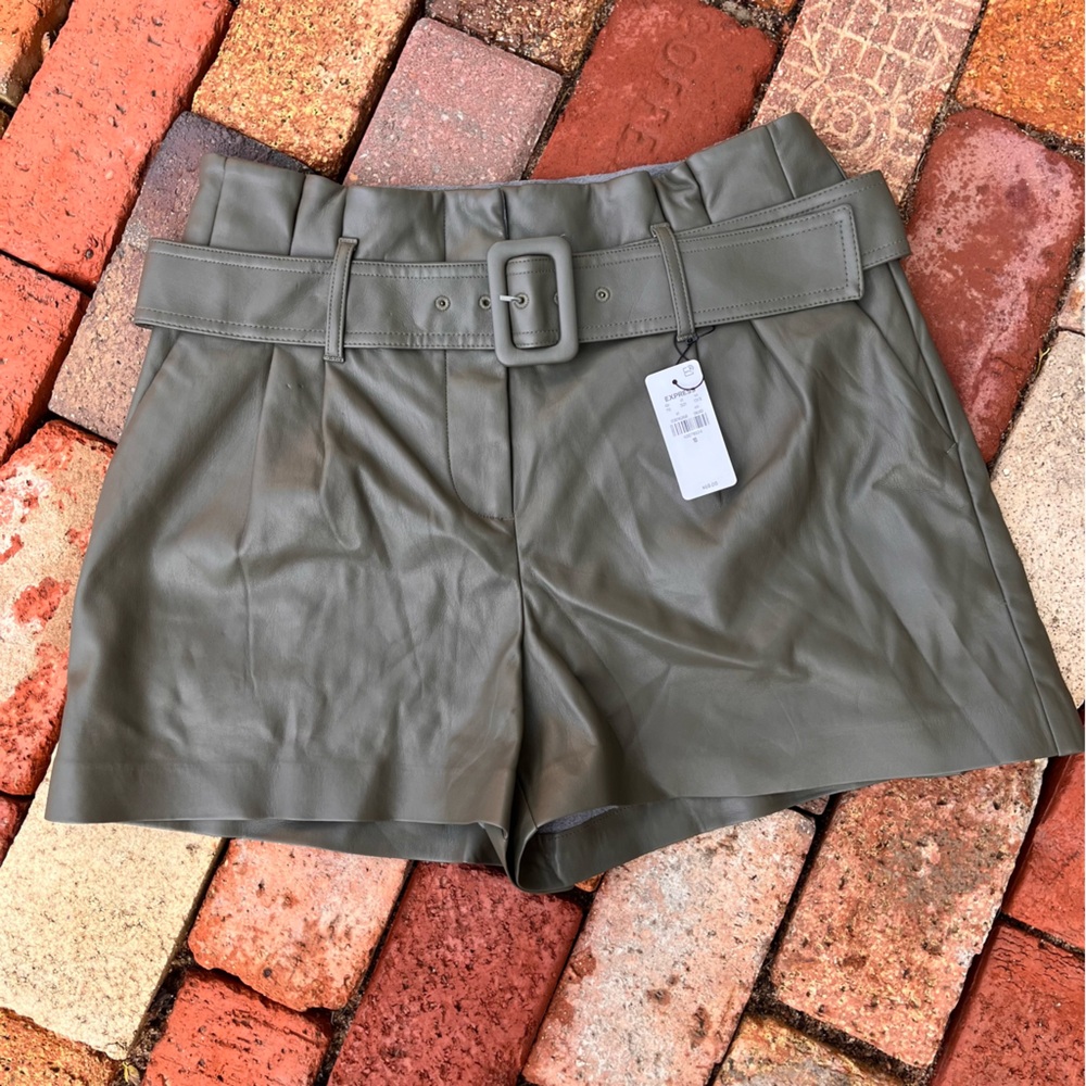 Express Olive Green Belted Women Shorts
